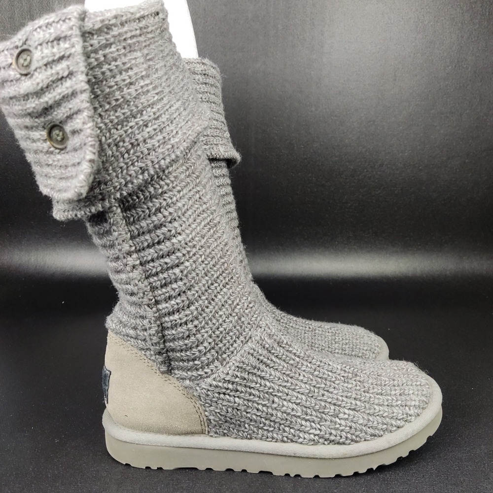 UGG Boots Womens 8 Grey Cardy Knit 5819 Tall Button Slouchy Sweater Boots